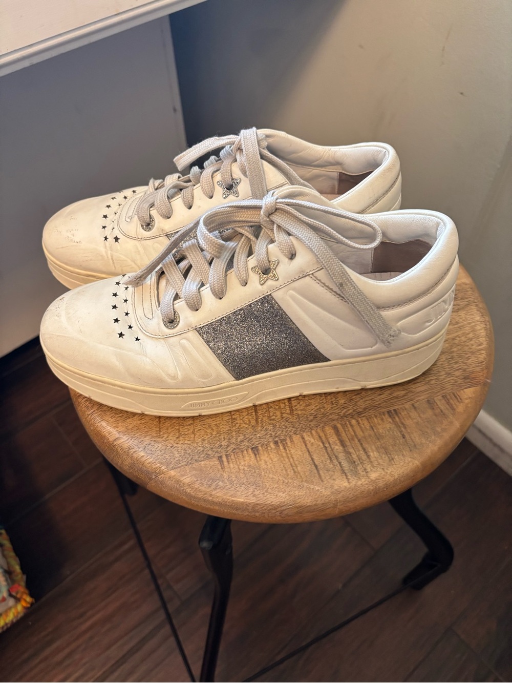 Jimmy Choo Hawaii sneakers white leather  silver glitter star Designer 40 $600 - Picture 4 of 11